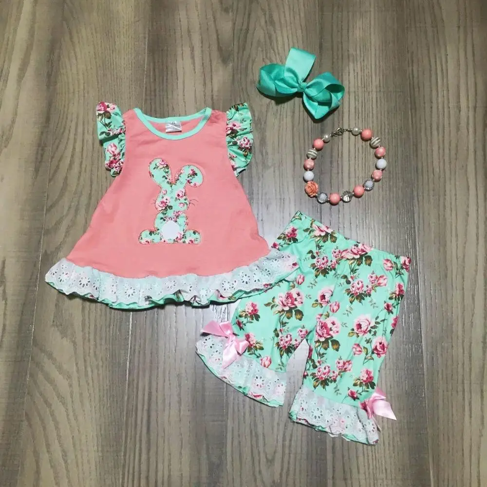 

spring/summer Easter mint coral bunny top flower capris baby girls clothes cotton ruffles boutique set match accessories