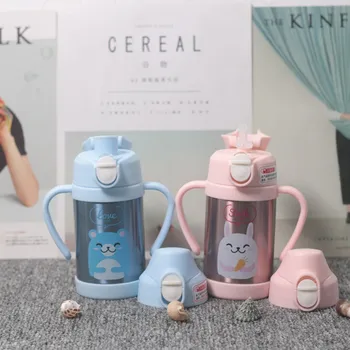 

260ml 304 Stainless steel Thermos Bottle 2 Kinds Of Lid Portable Handle Baby's Straw Thermos Cup Cartoon Printing Vacuum Flask