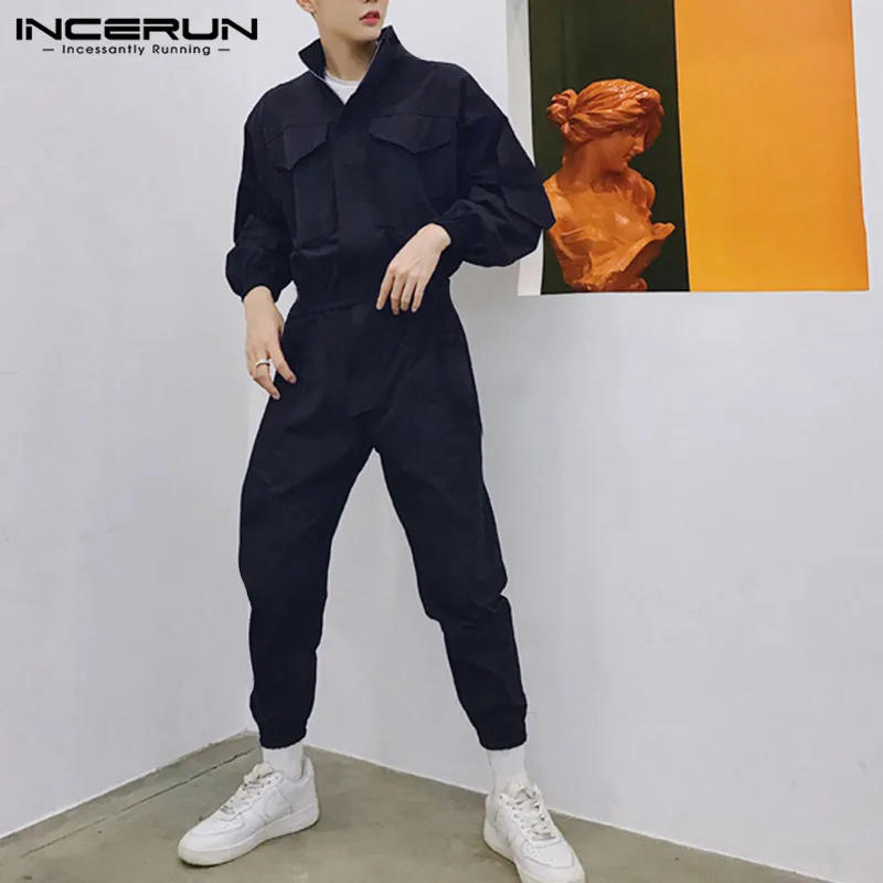 INCERUN мужской костюм комбинезон хип-хоп воротник японский ретро тонкий секционный девять частей длинный рукав комбинезон Одноцветный комбинезон