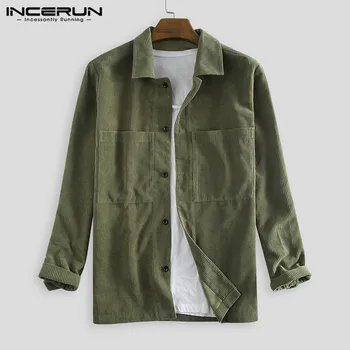 

Men Corduroy Shirts Vintage Long Sleeve Solid Color Lapel Tops High Quality Pockets Streetwear Casual Shirts Men Outerwear 2020