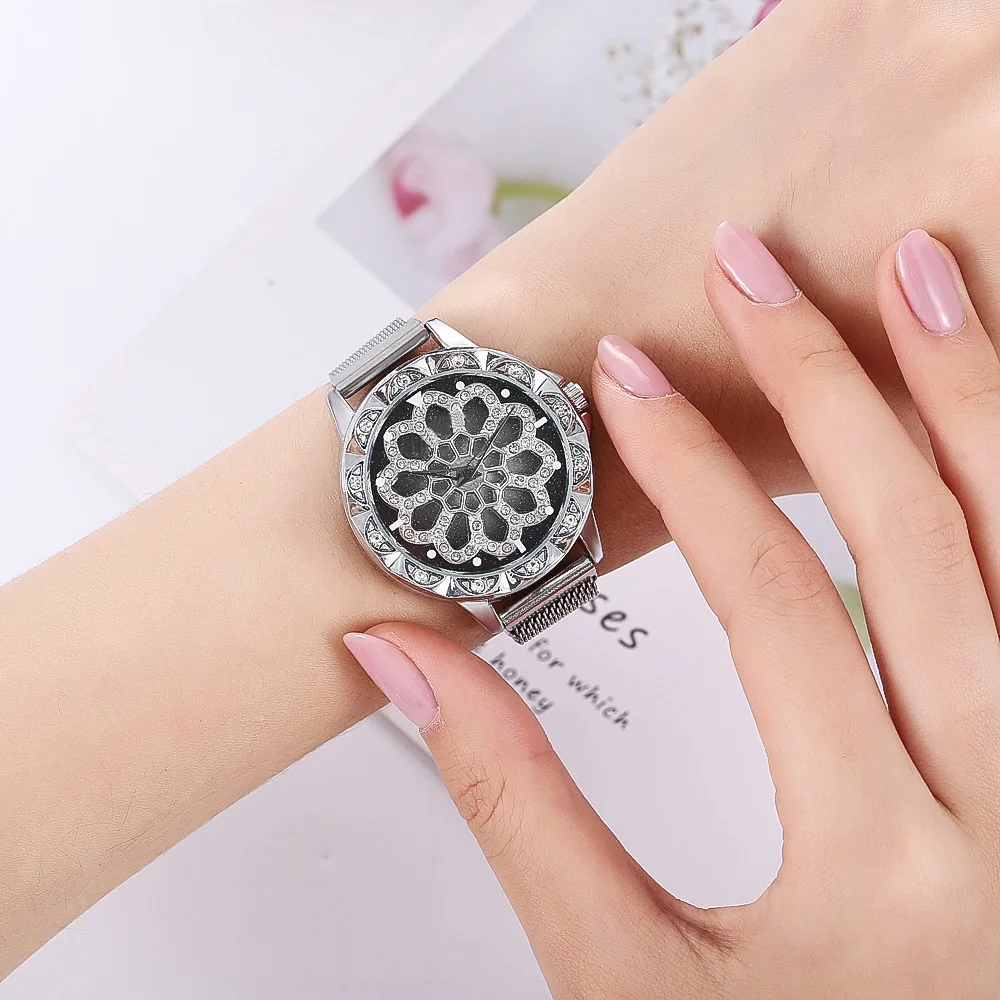 Роскошные часы для женщин Кристалл серебро Нержавеющая сталь кварцевые часы