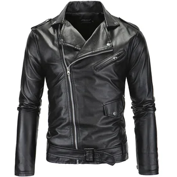 

Men's Locomotive Slim Fit Casual Style Fashion Collar Leather Jacket with Zipper Black White Color Chaqueta De Cuero Para Hombre