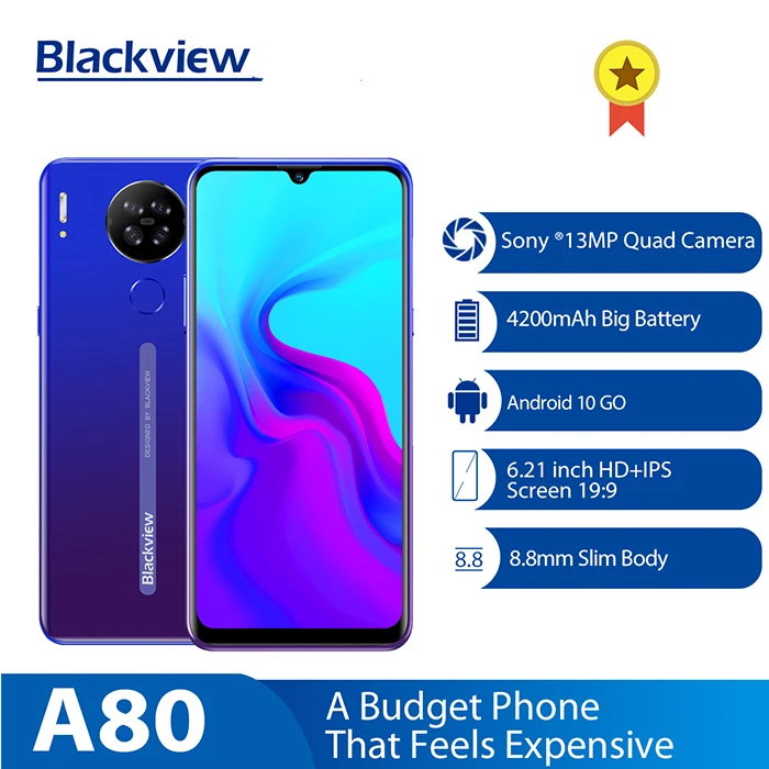 Смартфон Blackview A80 Android 10 0 Go четыре задних Камеры 13 МП экран мобильный телефон дюйма