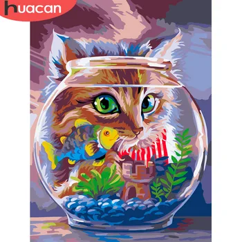 

HUACAN Oil Painting By Numbers Cat And Fish Animals HandPainted Kits Drawing Canvas DIY Pictures Cartoon Home Decor Gift