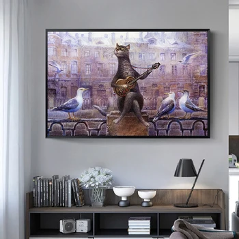 

Vladimir Rumyantsev Canvas Painting Three Birds are Watching Cat Playing Guitar Abstract Pictures Poster For Corridor Home Decor