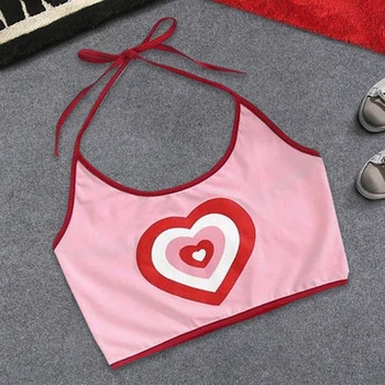 

2019 Summer New Pink Love Heart Print Slim Tight Spaghetti Strap Halter Backless Camis Crop Tops Fashion Ladies Short Camis Tee