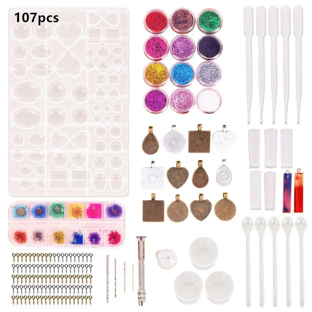 1 set 107pcs DIY Crystal Silicone Mold Tool Set Rings Necklace Pendant Jewelry uv resin Molds with drill bit