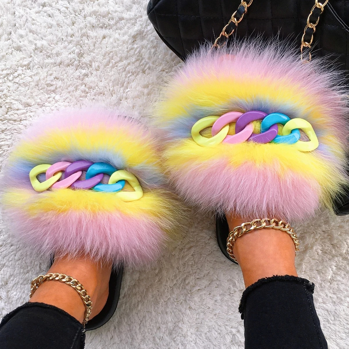Women Furry Slides Shiny Chain Real Fur Slippers Summer Beach Fox Sandals  Fluffy Flip Flops Plush House Slippers Female Shoes - Women's Slippers -  AliExpress