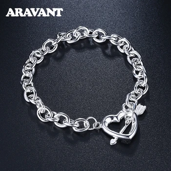 

925 Silver Chain Bracelet Women Heart Link Bracelet Bangles Valentine's Day Jewelry Gift
