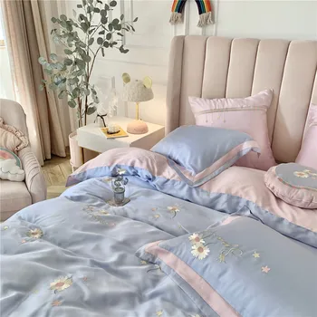 

New Style Tencel Lyocell 60 Double-Sided Tencel Embroidered Four-piece Set 1.8M Bare Sleeping Silky Sheet Contrast Color Quilt C