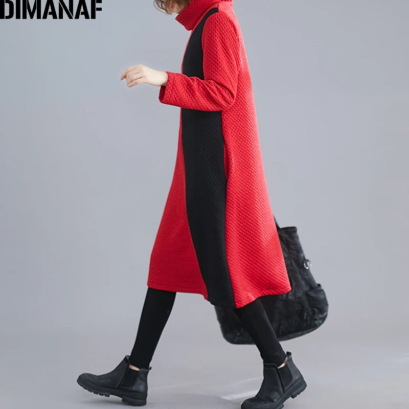 DIMANAF, женское платье, Ретро стиль, длинный рукав, зима, осень, толстый хлопок, женское, свободное, повседневное, Vestidos, водолазка, платье в стиле пэчворк