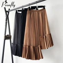 PEONFLY/Асимметричные плиссированные тюлевые юбки, Женская мода, Весенняя Корейская Повседневная Длинная юбка макси с высокой талией для женщин