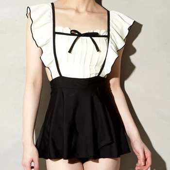 

Japanese Women Cute Two Piece Swimsuit Patchwork Ruffle Tummy Control Adjustable Strap Backless Swimwear Beach Bathing Suit