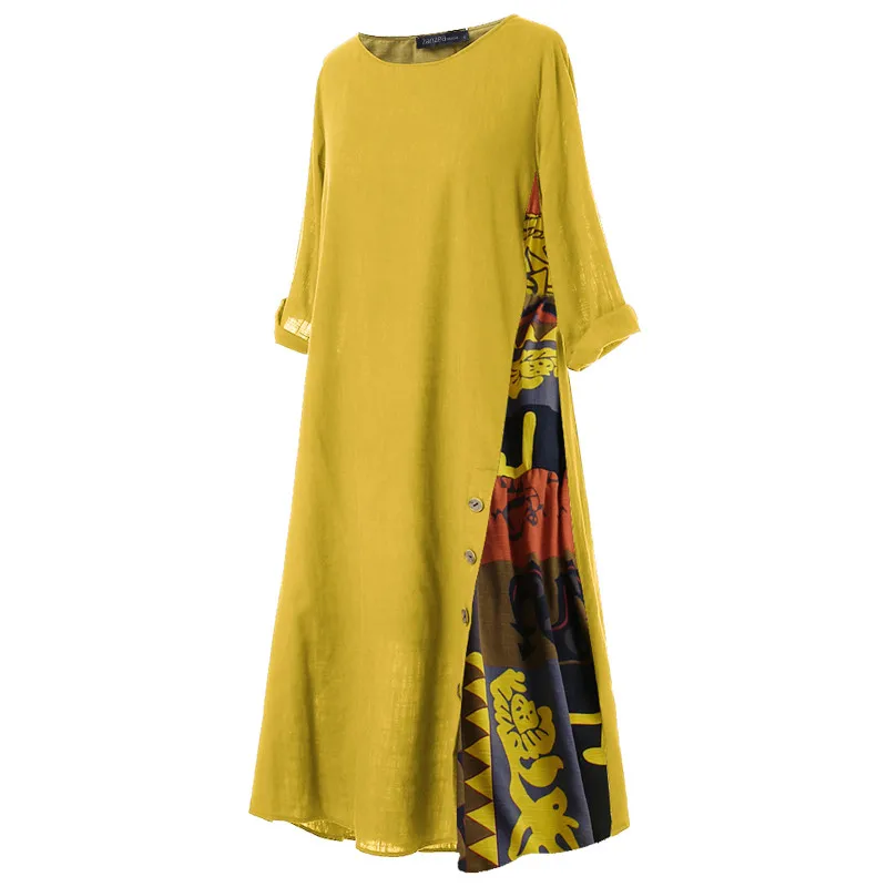 Женское платье макси в стиле пэчворк с принтом,, ZANZEA, для девушек, длинный рукав, хлопок, Vestidos, Женский Повседневный длинный сарафан, платье для пляжной вечеринки, 7 - Цвет: Цвет: желтый