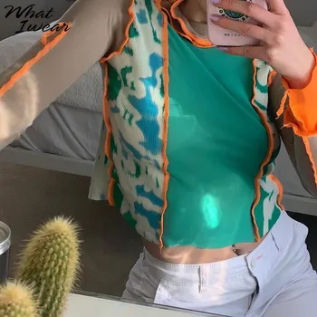 

Women patchwork T-shirts Y2K Top Ribbed Soft Fabric Long Sleeve streetwear autumn new casual tops Girl shirts Crop Top Female