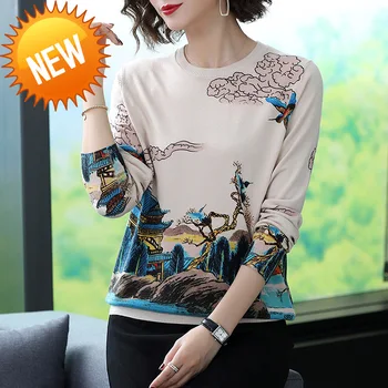 

Knitted Printed Sweater Women Autumn Winter Chinese style Loose warm Sweater Women Elastic Casual Female Pullovers