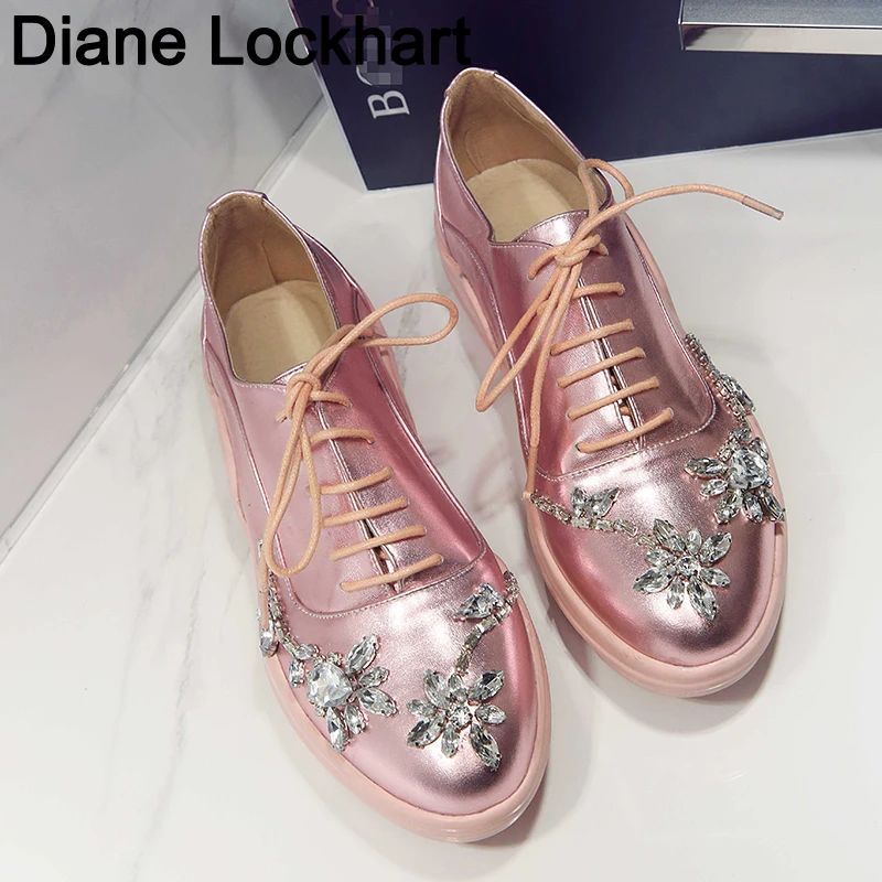 

Autumn Brand Platform Shoes Woman Brogue Rhinestone Bling Flats Lace Up Footwear Female Oxford Shoe For Women zapatos de mujer