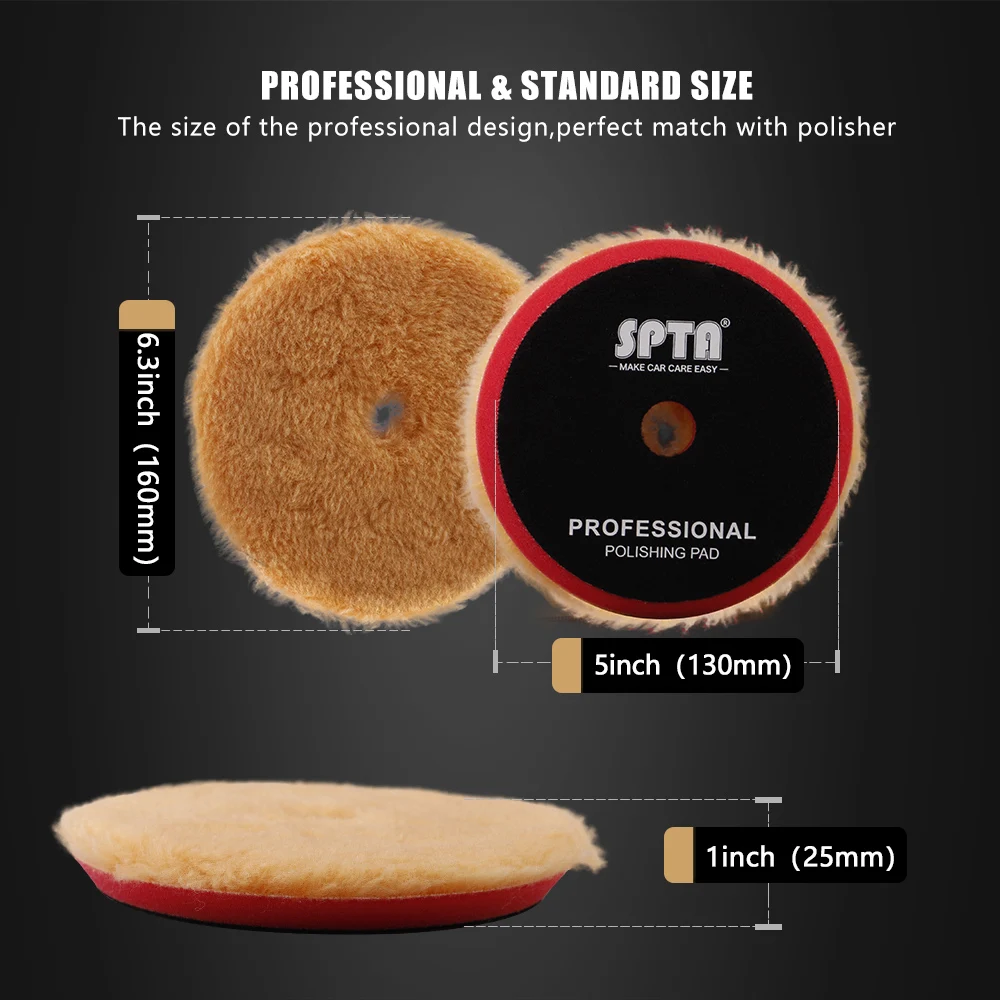 SPTA 1PC 3"(80mm)/5"(125mm)/6"(150mm) High Density Lambs Wool Polishing Pad for Car Waxing Finishing