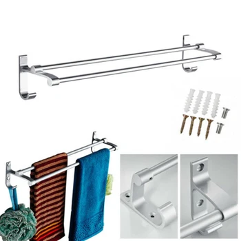 

2 Layer Double Row Towel Rack Aluminum Towel Shelf Rack Holder With 2 Hooks Wall Mounted Storage Hanger For Bathroom