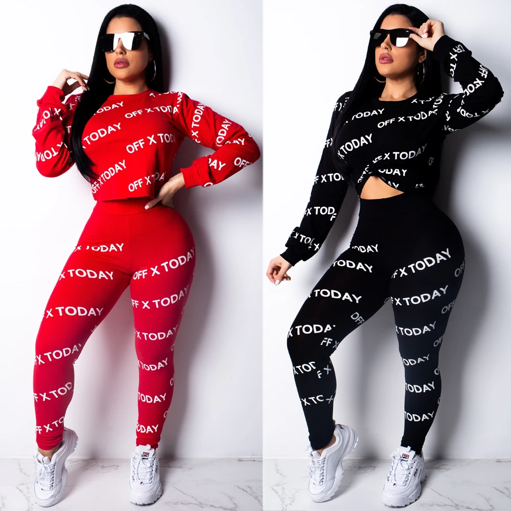 

Letter Print Two Piece Set Sportwear Women Spring Autumn Crop Tops&Pants Bodycon Sets Tracksuits Jogger Streetwear Suits Outfits