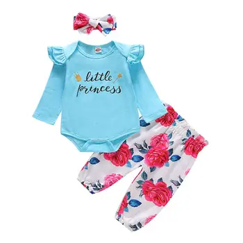 

3pcs Infant Baby Girl Long Sleeve Ruffle Romper+Floral Long Pants+Headband 0-18M E65D