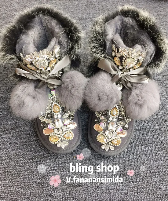 Original homemade European station heavy work sequins rhinestone beaded leather hair one leather thick snow boots