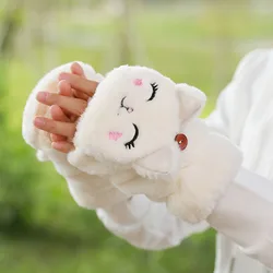 Women Winter Fur Rabbit Mittens Fingerless Gloves Plush Warm Winter Soft Thick Gloves for Women Girl Half Finger Flip Gloves