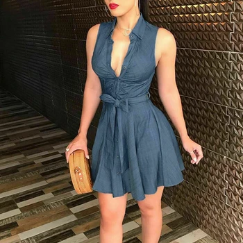

Women Sleeveless Denim Deep V neck Dress Women Summer Mini Blue Dress Belted Party Short Mini Summer Sundress Clothes