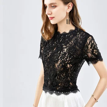 

2020 women European goods lace shirt hook flower hollow foreign small shirt sexy perspective shirt fairy