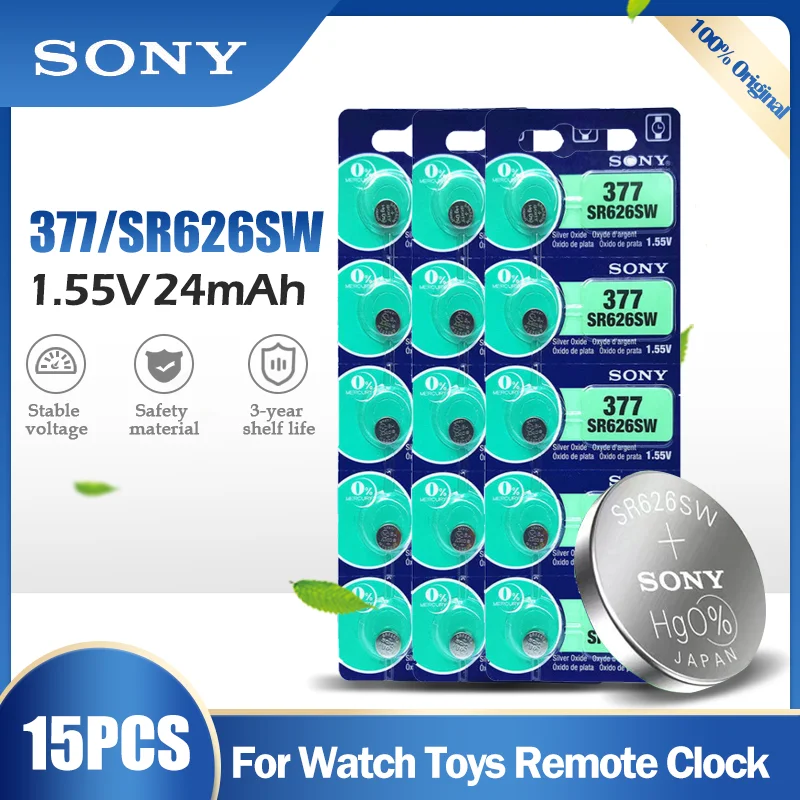 15 шт. SONY 377 377A SR626SW AG4 SR626 LR66 LR626 AG 4 1 55 в оксид серебра батарея для часов игрушечного