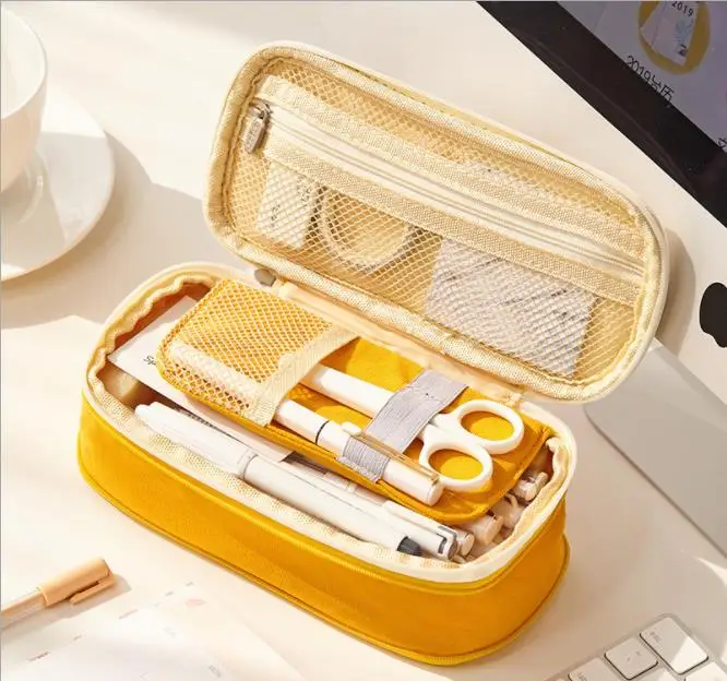 

Color Canvas Stretch Pencil Case Double Layer Large Capacity Pencil Box Cute Pencilcase Kids School Stationery