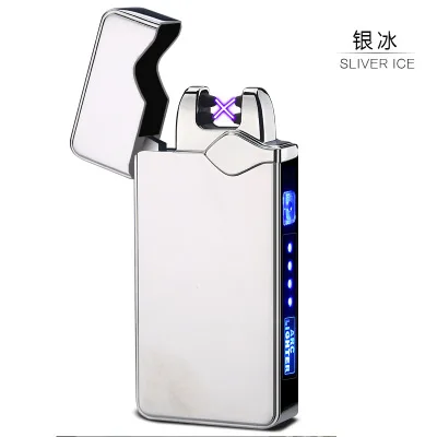 Двойной Arc USB Зажигалка Мощный светодиодный дисплей перезаряжаемый электронный usb-зажигалка сигаретная плазма палсе импульсная электронная зажигалка - Цвет: Silver Ice