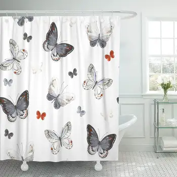 

Colorful Butterflies White Black Red and Gray Colors Shower Curtain Waterproof Polyester Fabric 60 x 72 Inches with Hooks