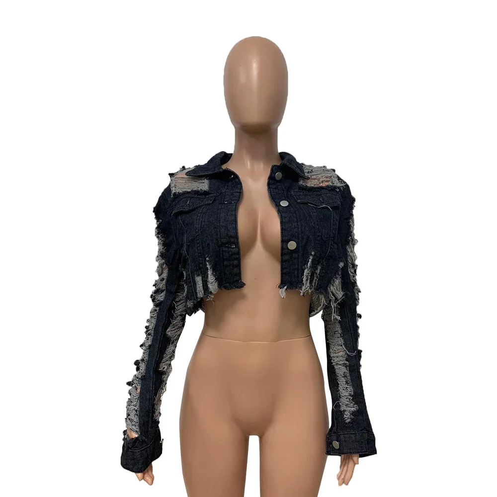 Echoine Turn-down Colarinho Jean Jaqueta Vintage Sexy Buraco Curto Denim Feminina Casual Azul Moda Cabolsas Outwear 10 Cheap Jaquetas básicas