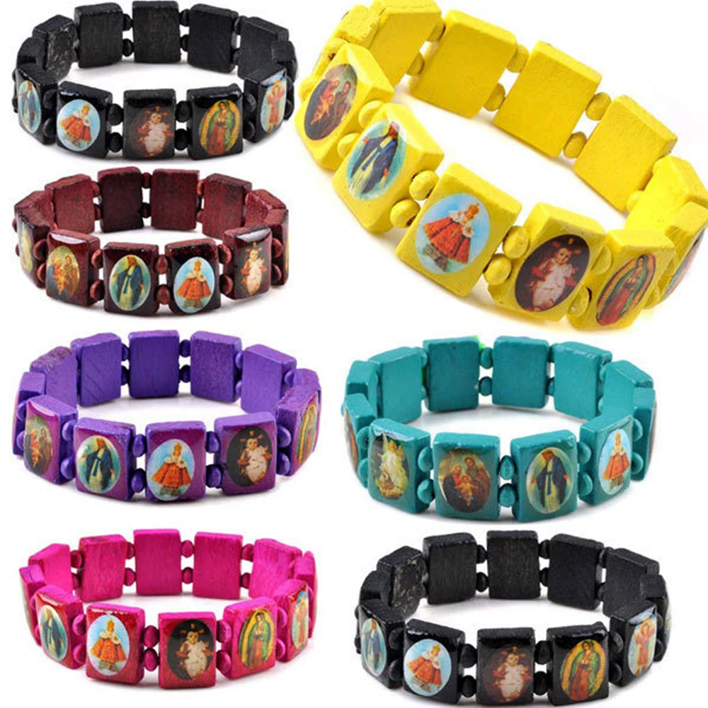 Wholesale 16Pcs/lot Multicolor Jesus Wood Bracelets Women Men Colorful Wooden Saints Rosary Religious For Best Friends Gift | Украшения и