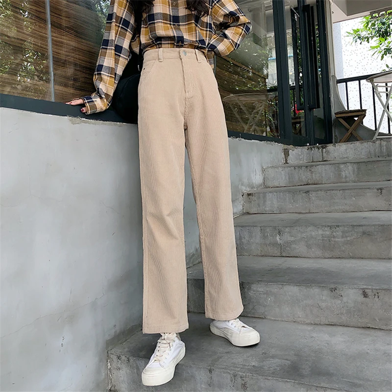 BGTEEVER Vintage High Waist Straight Pants Women Casual Winter Corduroy Pants Female Wide Leg Trousers Women pantalon femme