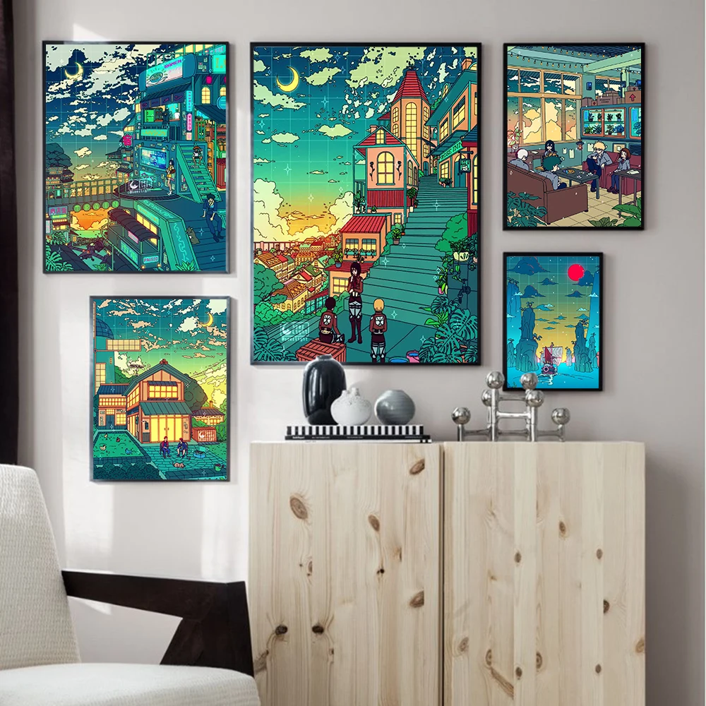 

Wall Art Anime HD Cartoon View Street Poster Home Decoration Night Shop House Painting Bedroom Modular Print Poster Canvas Mural