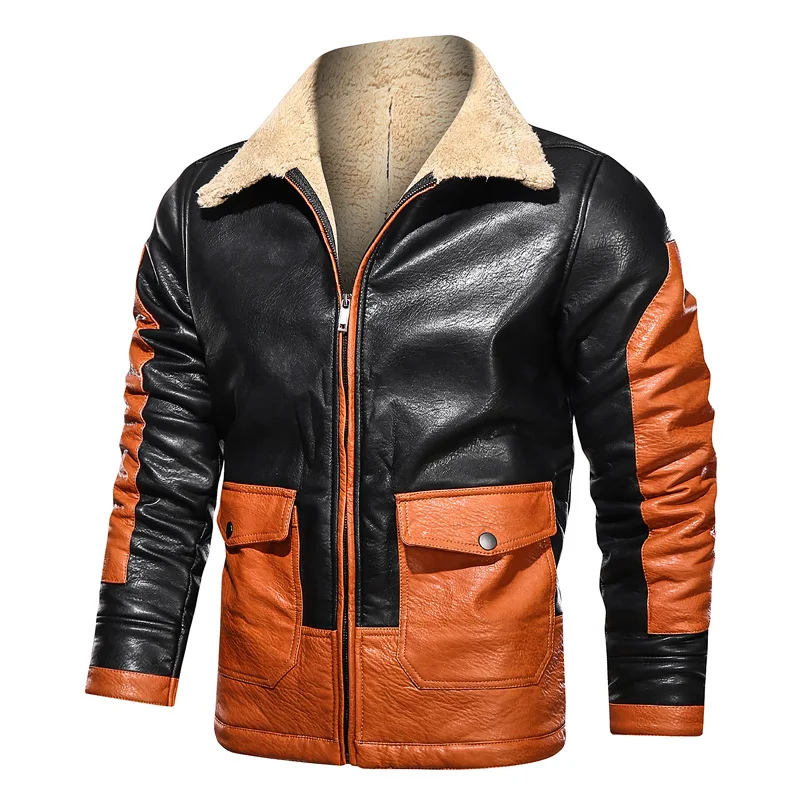 

2020 New Plus Velvet Leather Jacket Men Loose Casual Lapel Patchwork Winter Jacket Men Fashion Pu Warm Men's Jacket