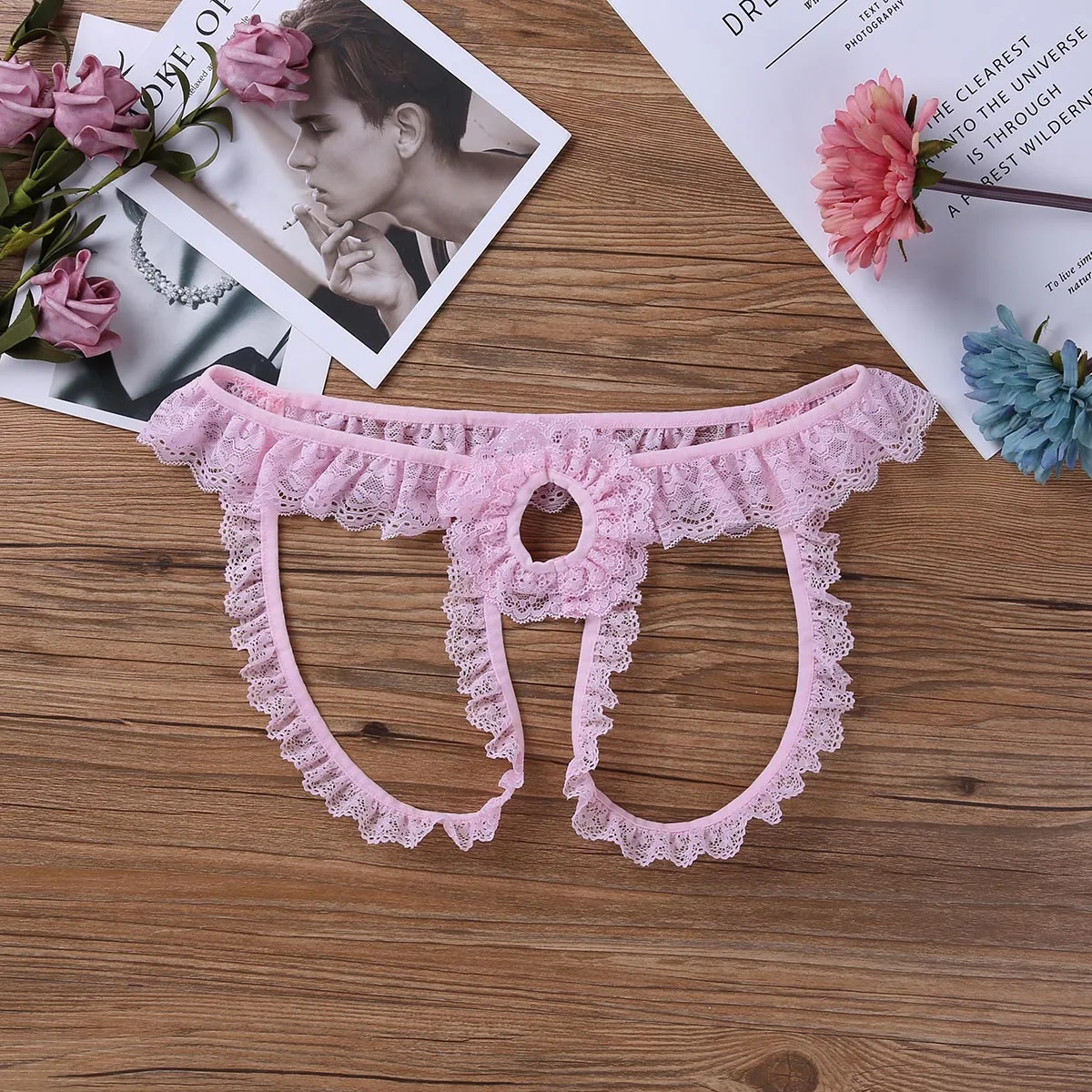 Mens Underwear Lace Lingerie Frilly Sissy Panties Crotchless Briefs Open Butt Erotic Gay