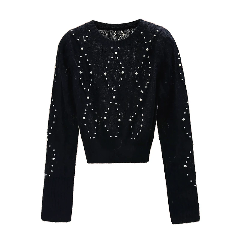 Short Beaded Long Sleeve Pullovers Top Women's