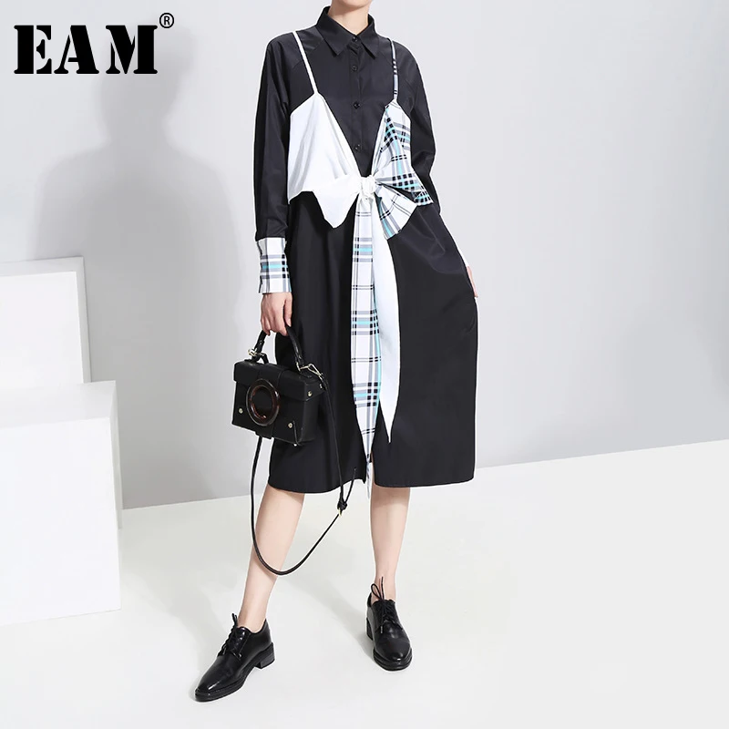 

[EAM] Women Bow Bandage Plaid Hit Color Dress New Lapel Neck Long Sleeve Loose Fit Fashion Tide Spring Autumn 2019 1A087