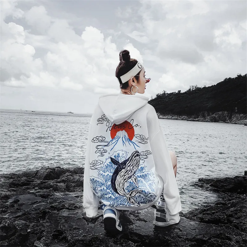 В японском стиле с принтом толстовки уличная одежда в стиле «хип-хоп», кофты Для женщин Худи оверсайз Harajuku пуловер с капюшоном