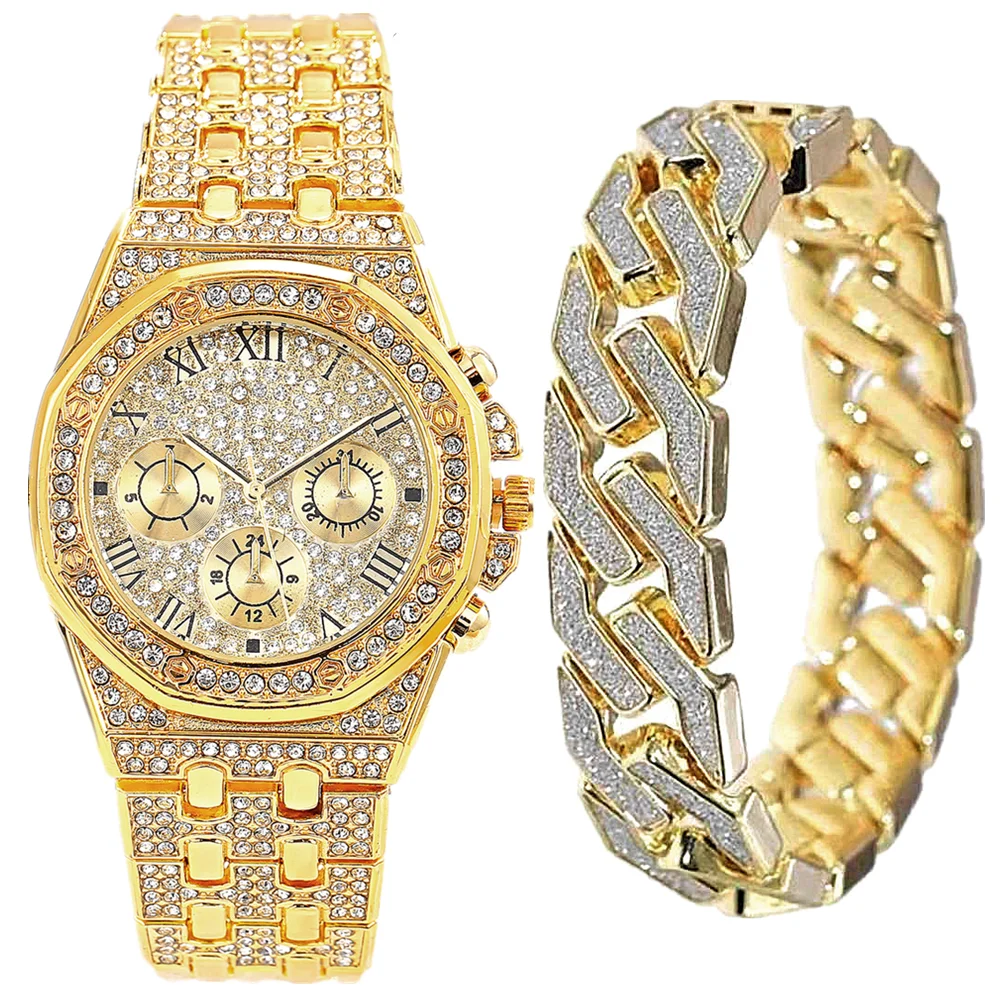 2pcs/set Watch Bracelet for Men Cuban Chain Men Bracelet Iced Out Watch for Men Luxury Gold Men Watch Set Gift Religio Masculino