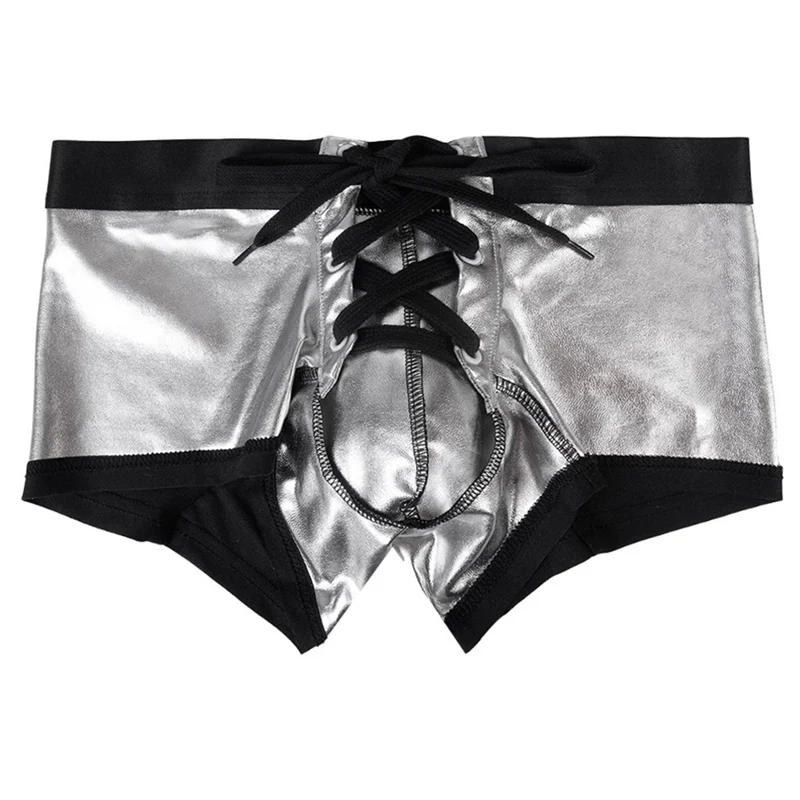 Серебристый SUPERBODY New Arrival Men's Boxers Solid Underwear Low-waist Fashion Drawstring Sexy Imitation Leather Boxer Shorts - Цвет: Серебристый