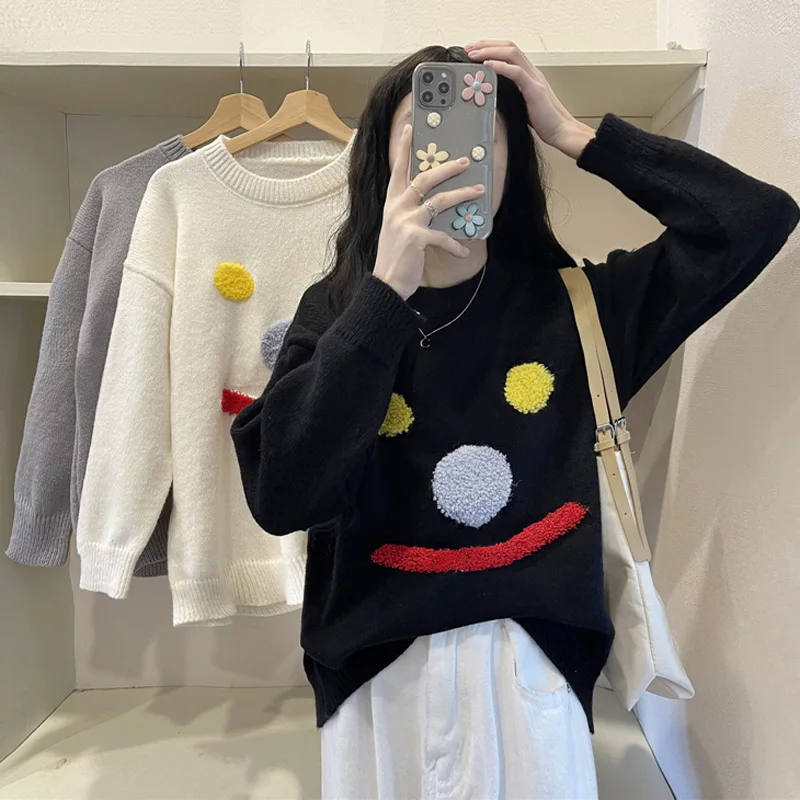 

Loose slim mid-length knit sweater female design sense round neck little snowman sweater