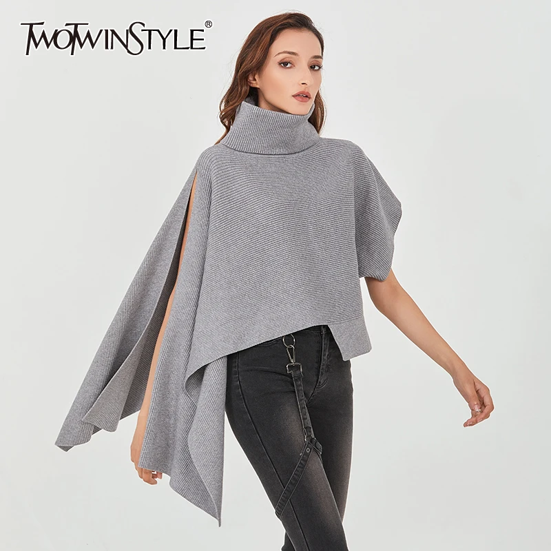 

TWOTWINSTYLE Oversized Black Long Sweater For Women Turtleneck Sleeveless Side Split Casual Knitted Pullovers Female 2020 Fall