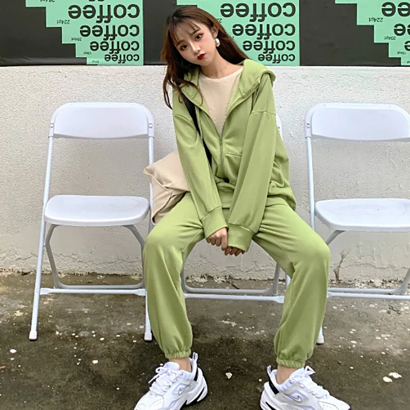 

2019 New Korean Style Sports Suit Casual Avocado Green Sports Style Jacket Pants Two-piece Hooded Jacket