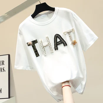 

Fashion T-shirt Women Spring Summer T Shirts Heavy Handmade Beaded Letter Loose Cotton Short Sleeve White T-shirt Ladies Tops