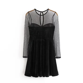 

WF45-1527 European and American fashion net yarn splicing velvet dressWomen dress vestidos de verano summer dress