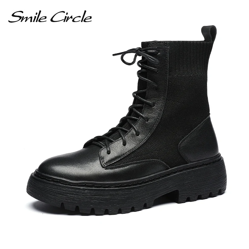 Smile Circle short Boots Women flat platform shoes Fashion British style lace-up Round toe Ladies Boots Autumn
